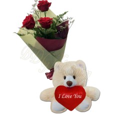 3 Pcs Red Roses w/ Bear