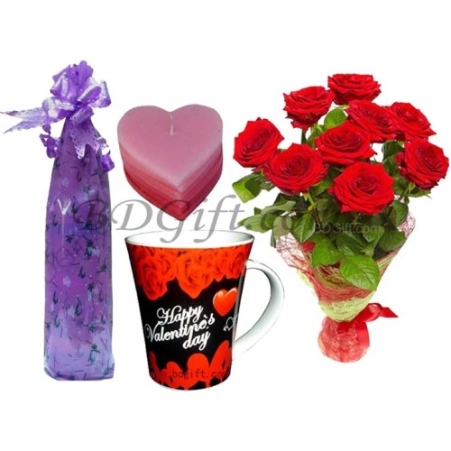 Red rose W/ Love mug and a Love candle with message in a bottle