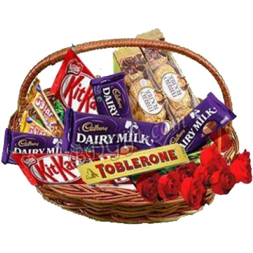 Assorted Choco Lover Basket W/ Red Roses