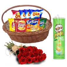 (11) Chips Basket W/ Red Roses in Bouquet