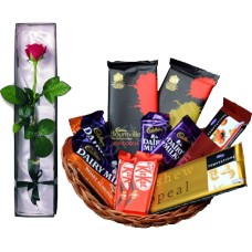(23) Assorted Choco Lover Basket W/ 1 Piece Red Rose in a box