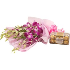 (73) Ferrero Rocher Chocolate W/ Purple Orchids in a bouquet