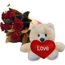 6 Pcs Red Roses w/ Bear
