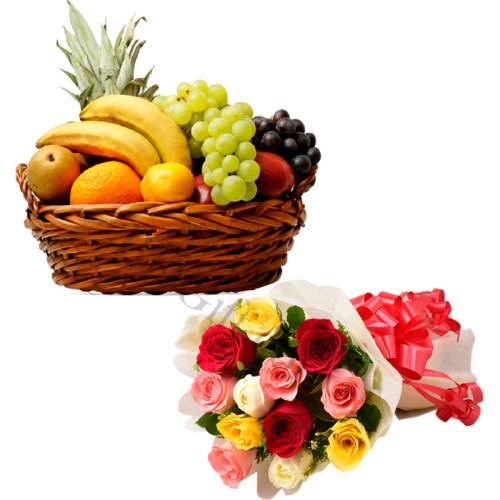 Fruit basket W/ Mixed roses