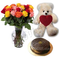 Multi-color Roses W/ Cake & Teddy bear