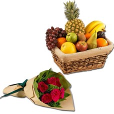 Fruit Basket W/ Red Roses in a Bouquet