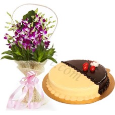Swiss Round Cake W/ Orchid in Bouquet