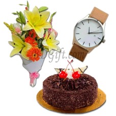 Mixed Flowers W/ Cake & Watch