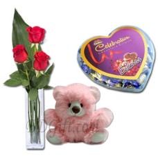 3 Pcs Red Roses in vase w/ Bear & Chocolate box