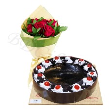 Cooper's- 2.2 pound black forest cake W/ 6 pieces red roses in bouquet