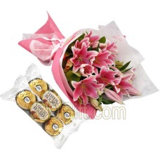 Pink Lilies in a Bouquet W/Ferrero Rocher Chocolate