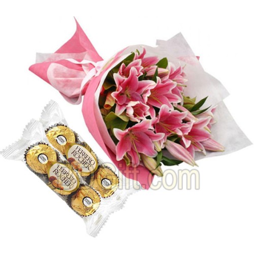 Pink Lilies in a Bouquet W/Ferrero Rocher Chocolate
