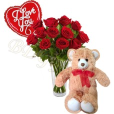 (36) Roses in vase W/ Bear & Love Balloon