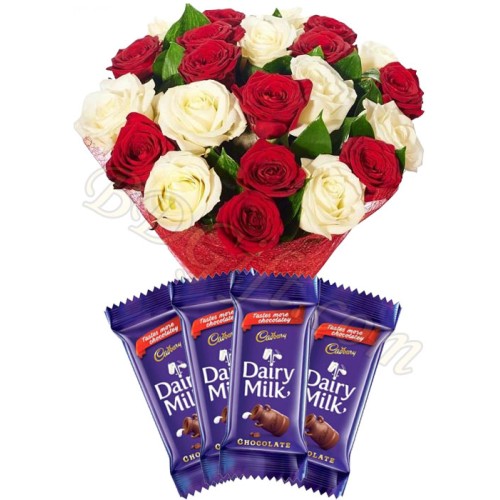 2 dozen white and red roses mix W/Chocolate