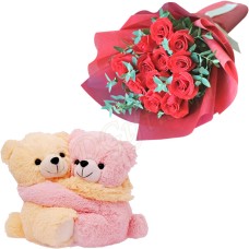 1 Dozen red roses W/ Twin bear