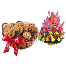 Cookies Basket W/ mixed Flower Basket