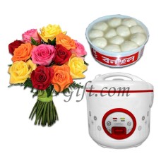 (0006) Rice Cooker W/ Sponge Rosogolla & 12pcs multicolor roses in a bouquet