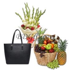 Hand Bag W/ Fruit Basket & Mixed flowers in bouquet