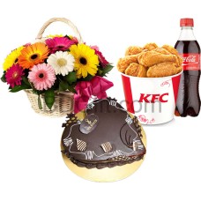 (30) Cake W/ KFC- 8 Pcs Chicken W/ Pepsi & 12 pcs Mixed Gerberas in Bouquet