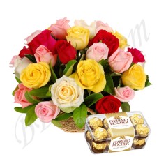 (19) Multicolor Rose Basket W/ Ferrero Rocher Chocolate