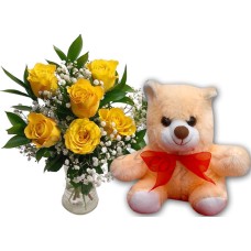 3 Pcs Yellow Roses In Vase W/ Bear