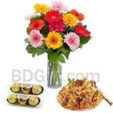 Mix Gerberas in vase with biryani and chocolates