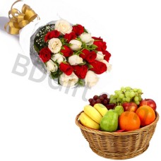 (000005) Mix roses in bouquet and fruits in basket