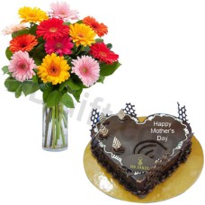 (000002) Mix gerberas in vase and heart shape cake