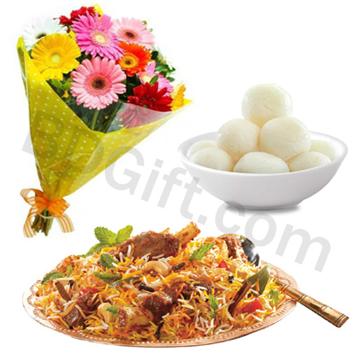 (000014) Mix gerbera in bouquet with biryani and sweet