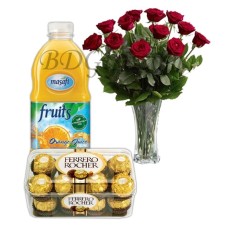 Chocolate W/ Juice & Roses in a vase