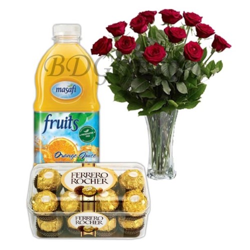 Chocolate W/ Juice & Roses in a vase