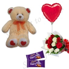 Teddy bear W/ Balloon, chocolate and Flower Bouquet