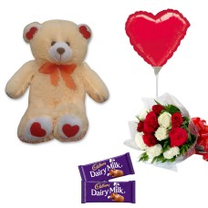 Teddy bear W/ Balloon, chocolate and Flower Bouquet