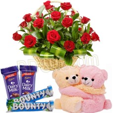 Roses with bear and chocolates
