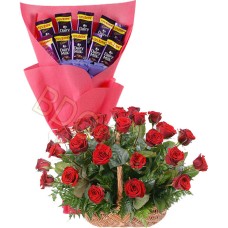 Roses in basket and chocolate bouquet