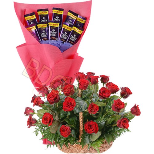 Roses in basket and chocolate bouquet