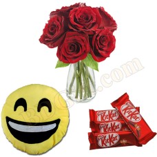 (19) Red roses with emoji pillow and chocolates