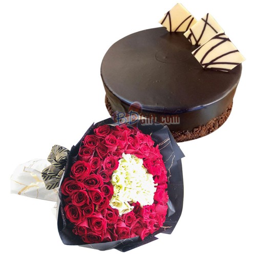 Red & White Roses with Chocolate Cake