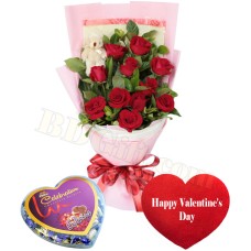 (27) Flower bouquet with heart shape pillow and chocolate