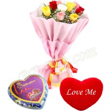 Mix roses with chocolate and heart shape pillow