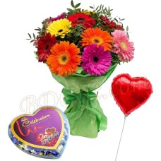 Mixed gerbera with balloon and chocolate