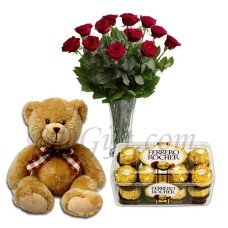 Roses in vase W/ Ferrero Rocher Chocolate box & Bear