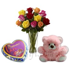 (61) Mixed Roses W/ Bear and Chocolates