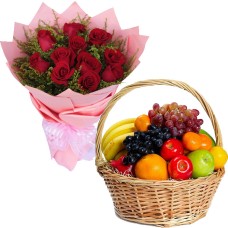 1 Dozen Red Roses w/ Mixed Fruits