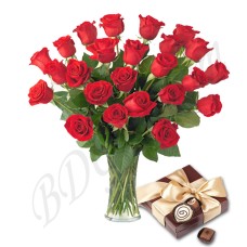 2 Dozen Red Roses in a Vase W/ Chocolate