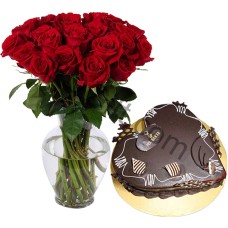 Cake w/ 2 dozen Red Roses in a vase