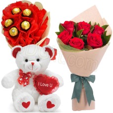 Bear W/Ferrero Rocher chocolate Bouquet & Roses in a bouquet.