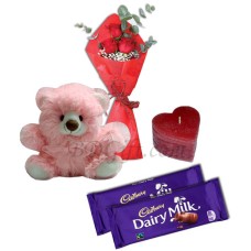 3 Pcs Red Roses w/ Bear, Chocolate & Candle