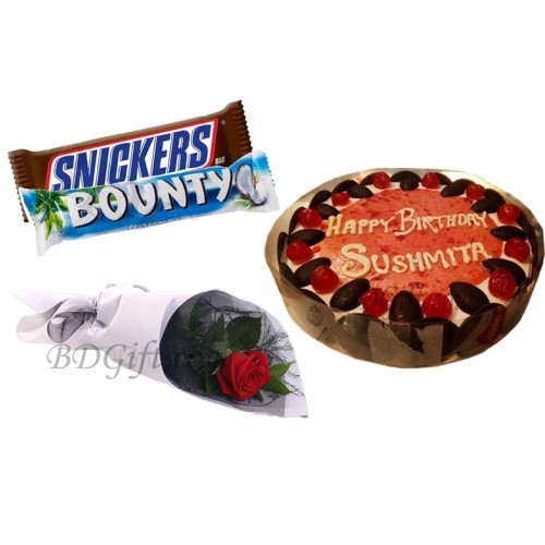 Cake W/ red rose & chocolates