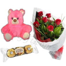 Red roses w/ teddy bear & chocolates